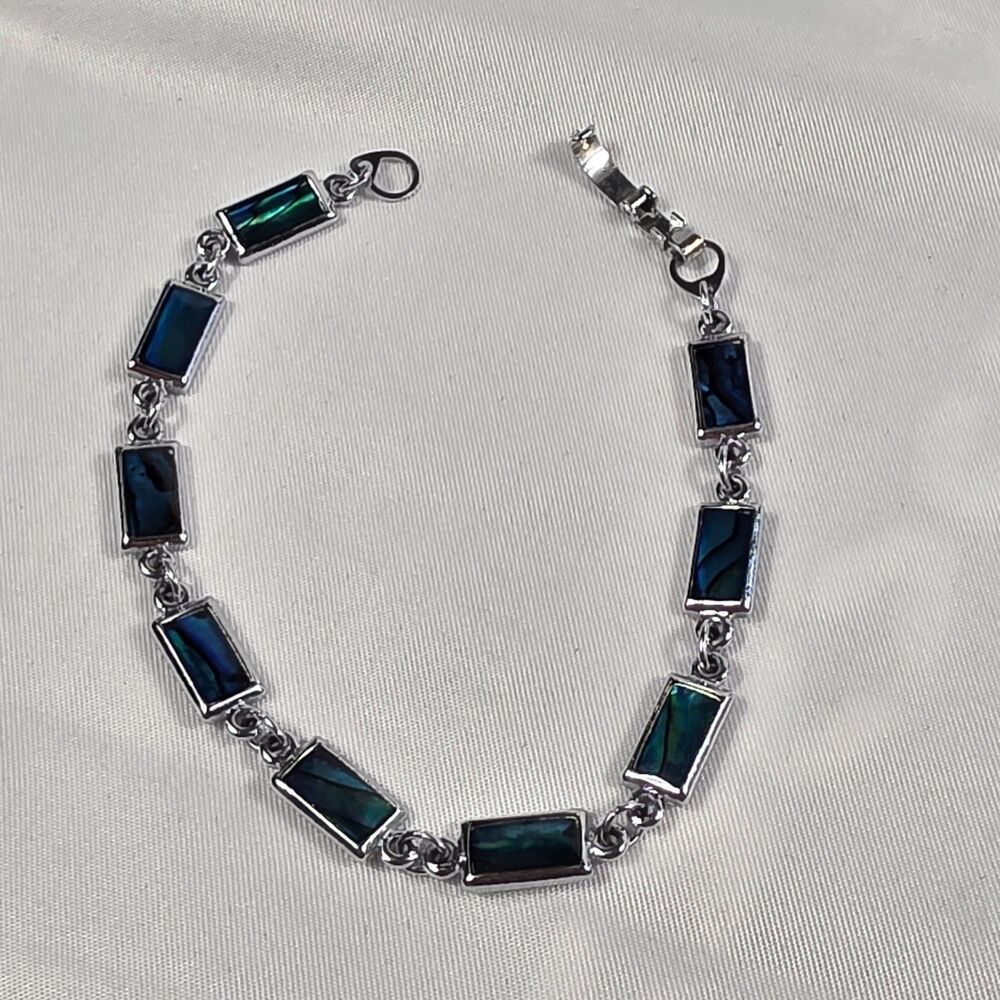 Silver-Tone Abalone Inlay Link Bracelet Rectangular Abalone Panels